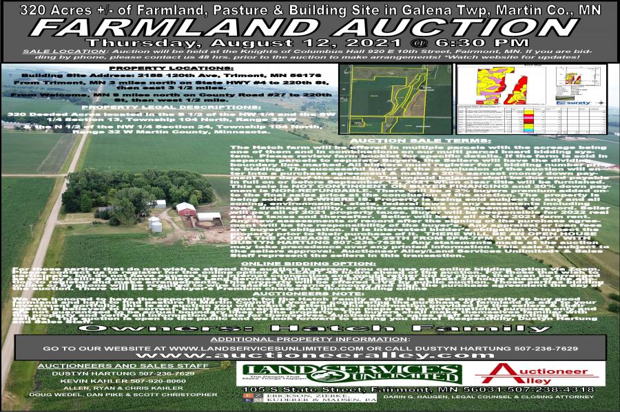SOLD - PARCEL #3 - 240+/- Acre Farmland & Pasture $5,500 Per Acre. PARCEL #6 - 80 Acres with building site & Pasture $6,900 Per acre - Hatch Family 320 Acre Farmland, Pasture & Building Site Auction